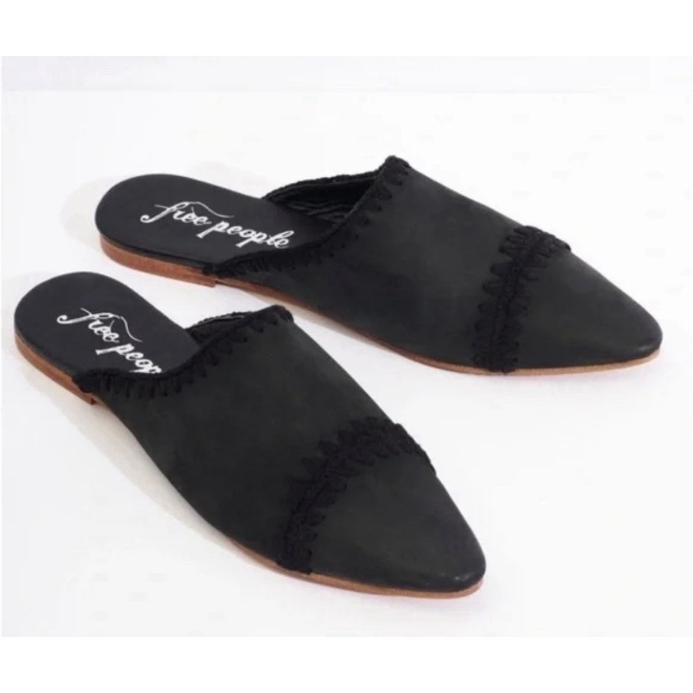 NEW Free People Black Leather San Marino Slip-On Flat Mules Size 37 Embroidered